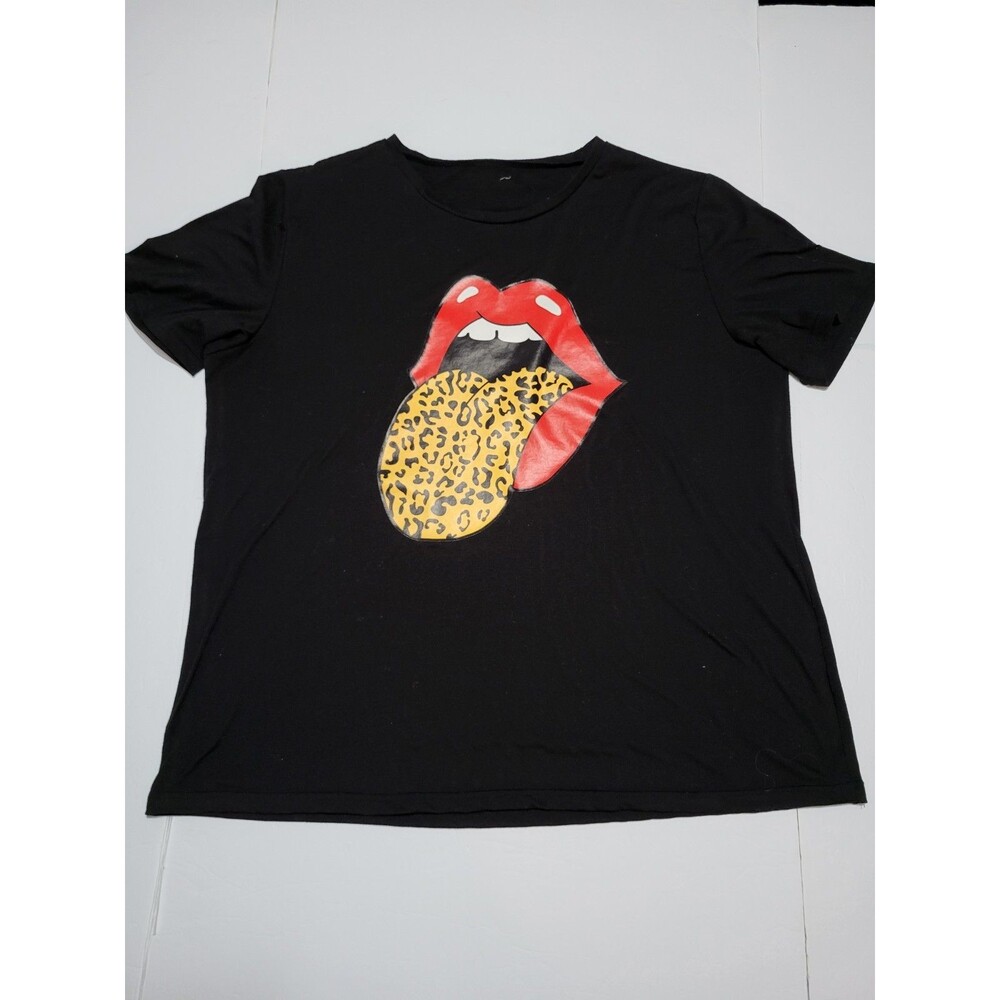 (#L8)Big Mouth Leopard Tonge T-Shirt Womens 3XL Black Big Graphic Short Sleeve